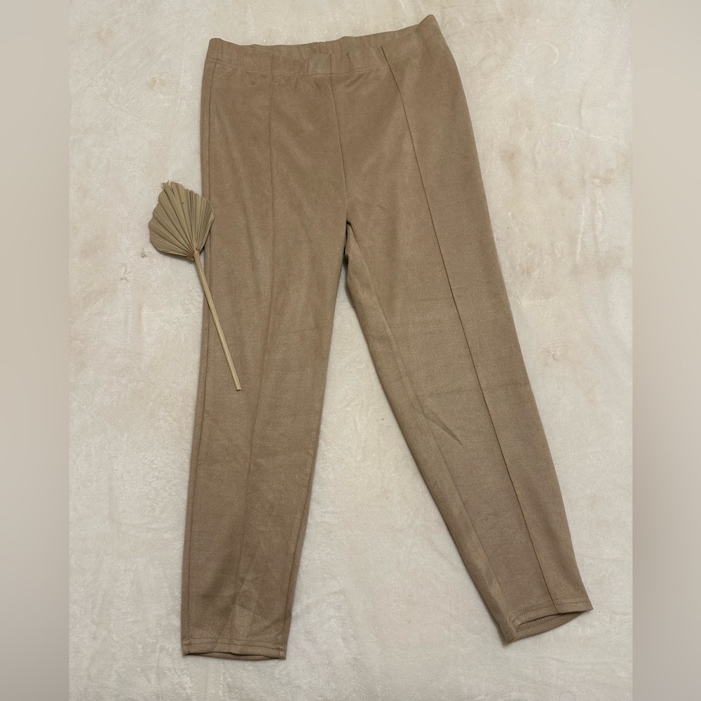 Plus Size High Waist Faux Suede Pants in Tan